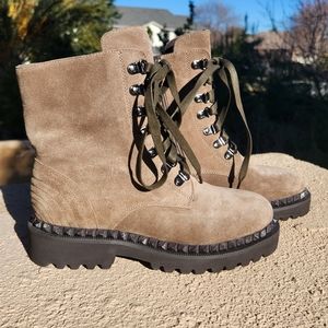 Vince Camuto Suede leather Taupe and olive green moto combat boots